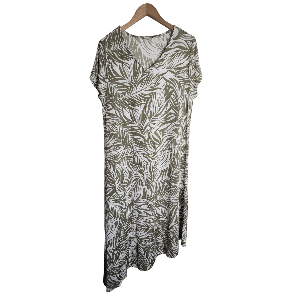 Chico's Travelers Dress Women 2 L Green Palm Leaf Asymmetrical Hem V-Neck